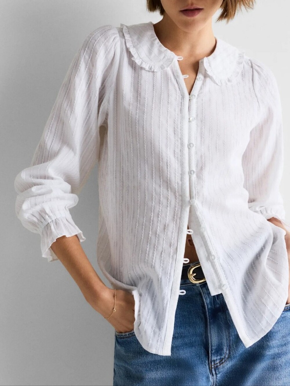 Quince Embroidered White Ruffled Collar Button-Up Organic Cotton Blouse Sz M